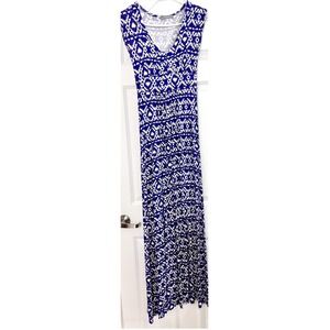 Loveappella Blue White IV-Neck Empire Waist  Dress